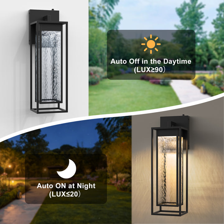 1 - Light 15''H Dimmable Led Black Iron And Water Ripple Glass Outdoor Wall Light With Dusk To Dawn #7061