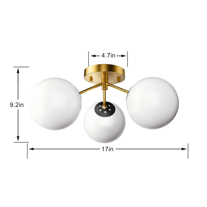 Maxax 3 Globe Ceiling Light 17 Inch Mid Century Modern Semi Flush Mount Ceiling Light Fixture for Bedroom,Living Room,Dinning Room, Foyer, Hallway #19228