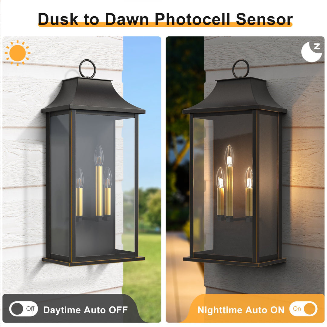 Lawyettle Smart Dusk to Dawn Outdoor Wall Lantern 3-Light, 25" Large Outdoor Light Fixture, Black Exterior Wall Light, Waterproof Outside Wall Sconce for House Porch Patio #7008