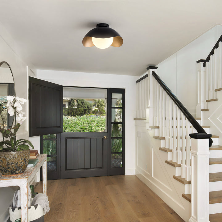 Nimbus 15.5" 1-Light Modern Globe Flush Mount Ceiling Light With Opal Glass, Matte Black/White Exterior & Gold Interior Shell-Style Dimmable Shade For Bedroom Or Hallway #29029