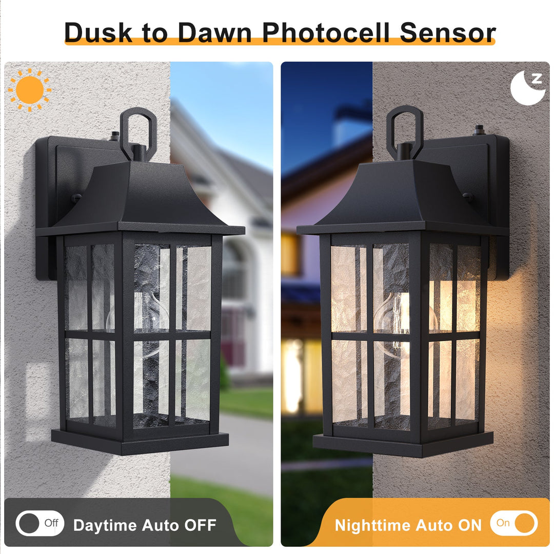 1-Light 12.5'' Lron And Hammered Glass Outdoor Wall Lantern With Dusk To Dawn #7052