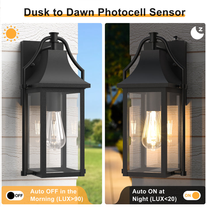 Lawyettle 18" Outdoor Wall Lantern with Dusk to Dawn Sensor, 2-Light Waterproof Brown Wall Sconce with Glass for Porch, Garage, Front Door, Patio #7040