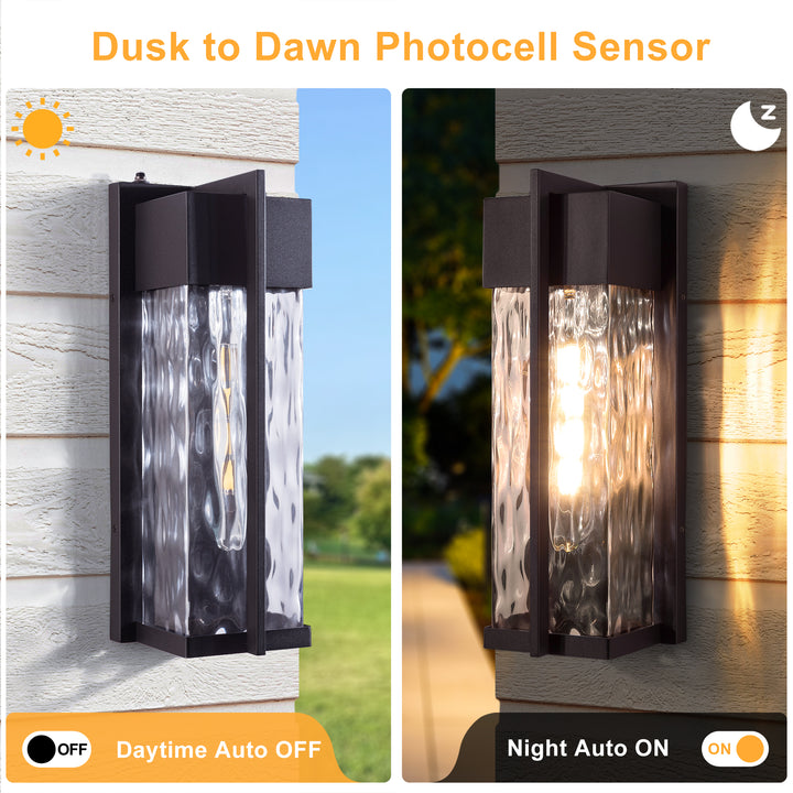 Natura 1 - Light(Bulb Include) 𝟭𝟴-𝗜𝗡𝗖𝗛 Matte Black Iron and Water Ripple Glass Outdoor Wall Light with Dusk to Dawn #7062