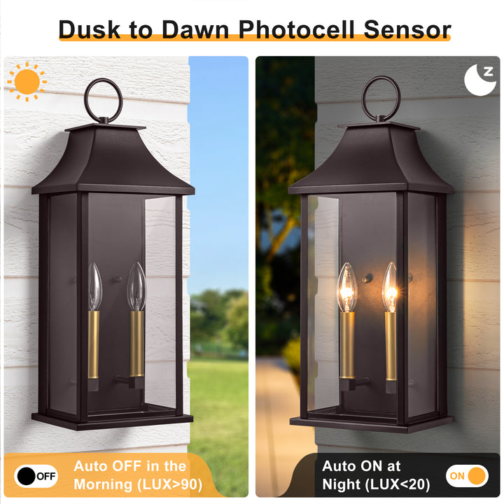 Montpelier Dusk to Dawn Outdoor Wall Lantern 2-Light, 21" Large Outside Wall Sconce, Modern Black Wall Light Fixture with Glass, Waterproof Exterior Lamp for House, Porch, Garage #MX7008