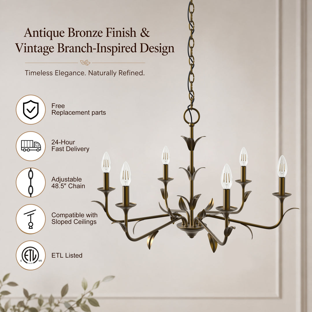 30" 6-Light Matte Black Candle Style Chandelier for Dining Room & Living Room #48009