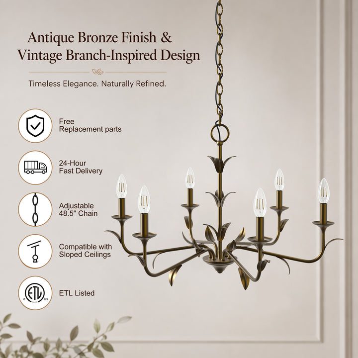 30" 6-Light Matte Black Candle Style Chandelier for Dining Room & Living Room #48009