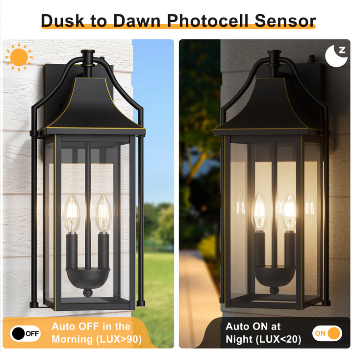 Lawyettle 18" Outdoor Wall Lantern with Dusk to Dawn Sensor, 2-Light Waterproof Brown Wall Sconce with Glass for Porch, Garage, Front Door, Patio #7040
