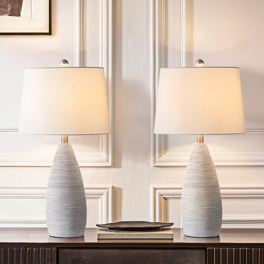 Shimmer 26.5" Farmhouse Traditional Resin Table Lamp, Assembled Linen Shade And Rotary Switch Bedside Lamps For Bedroom And Living Room (Set of 2) #T276