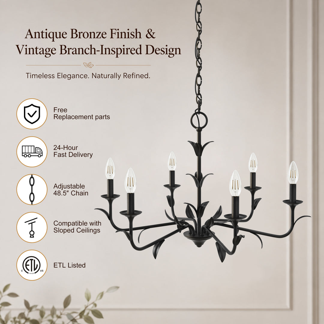 30" 6-Light Matte Black Candle Style Chandelier for Dining Room & Living Room #48009