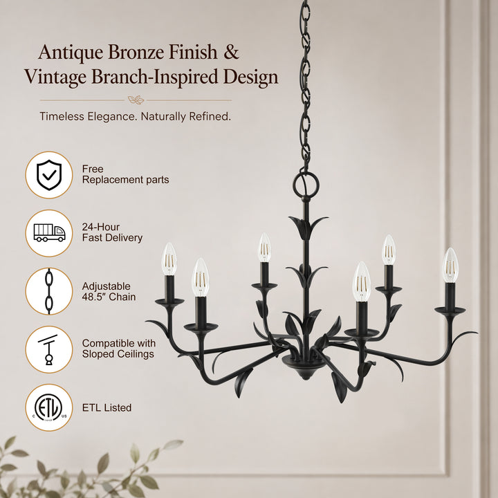 30" 6-Light Matte Black Candle Style Chandelier for Dining Room & Living Room #48009