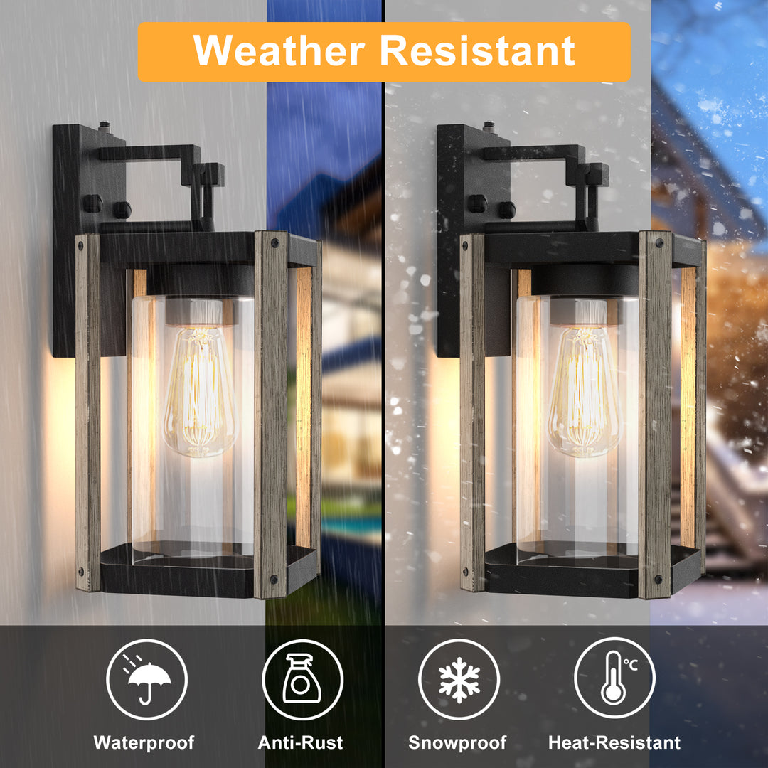 1-light 13''H Black And Wood Grain Iron Etl Outdoor Wall Lantern with Dusk to Dawn #7051