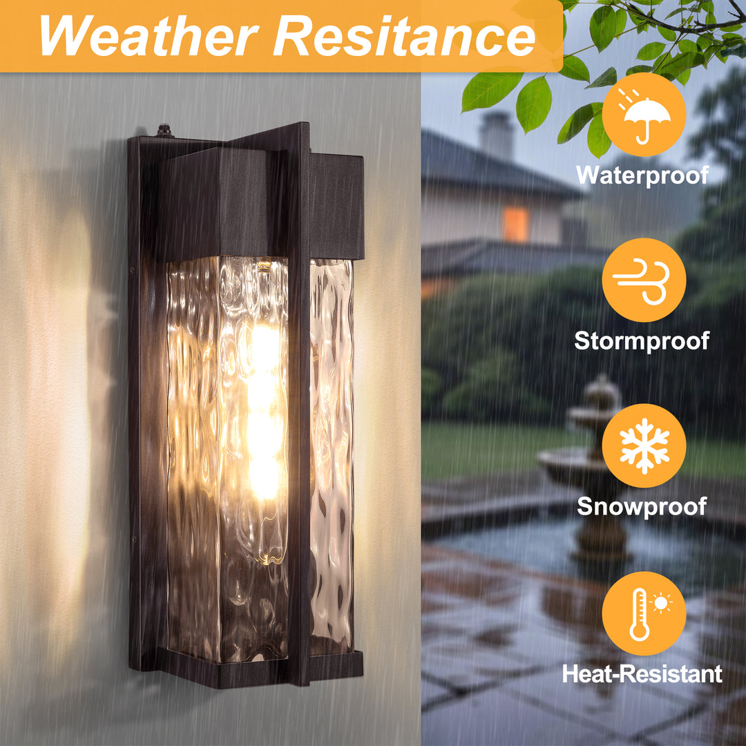 Natura 1 - Light(Bulb Include) 𝟭𝟴-𝗜𝗡𝗖𝗛 Matte Black Iron and Water Ripple Glass Outdoor Wall Light with Dusk to Dawn #7062