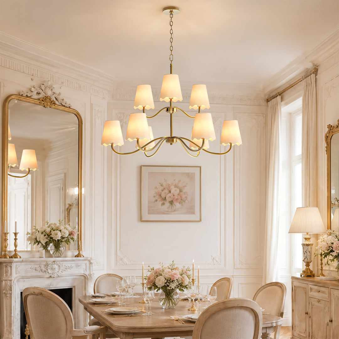 Twilight 38" 9-Light Polished Brass Spider Chandelier with Linen Shades for Dining Room & Living Room #39018
