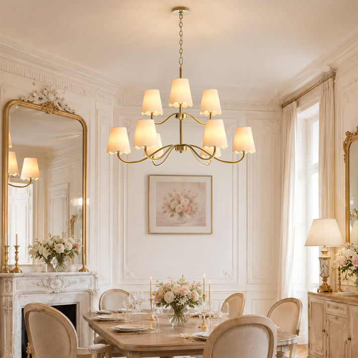 Twilight 38" 9-Light Polished Brass Spider Chandelier with Linen Shades for Dining Room & Living Room #39018