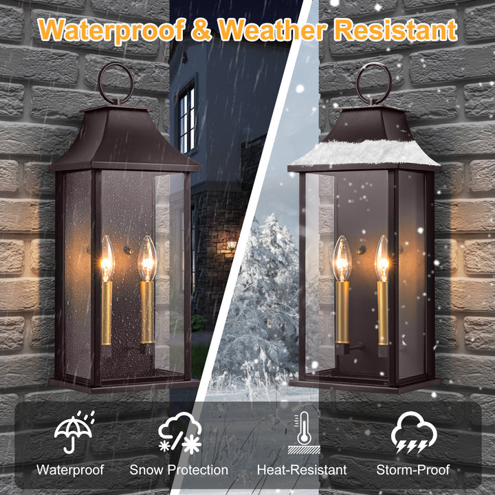 Montpelier Dusk to Dawn Outdoor Wall Lantern 2-Light, 21" Large Outside Wall Sconce, Modern Black Wall Light Fixture with Glass, Waterproof Exterior Lamp for House, Porch, Garage #MX7008