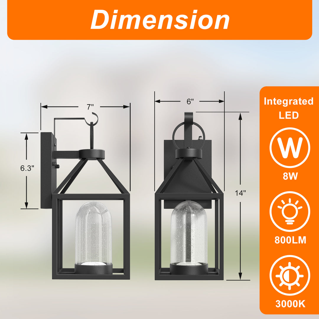 1-Light 14'' Iron And Glass Led Led Outdoor Wall Lantern With Dusk To Dawn #7053-1BK