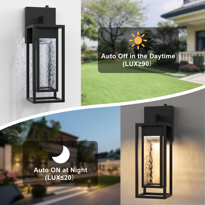 Natura 1 - Light 15''H Dimmable Led Black Iron And Water Ripple Glass Outdoor Wall Light With Dusk To Dawn #7061