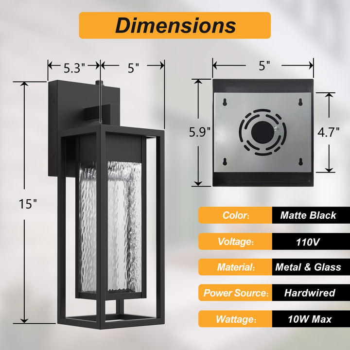 1 - Light 15''H Dimmable Led Black Iron And Water Ripple Glass Outdoor Wall Light With Dusk To Dawn #7061