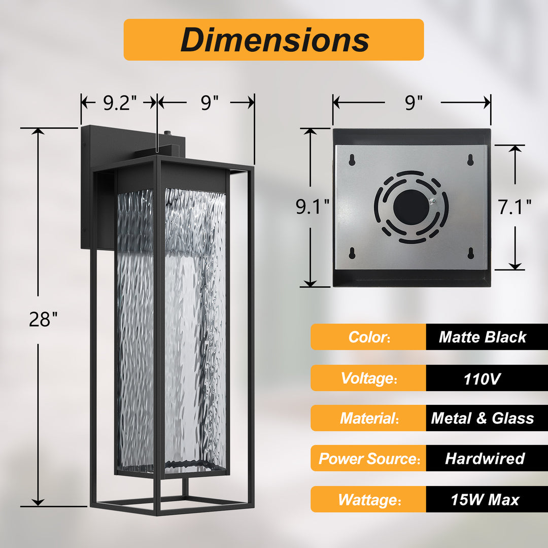 1 - Light 15''H Dimmable Led Black Iron And Water Ripple Glass Outdoor Wall Light With Dusk To Dawn #7061