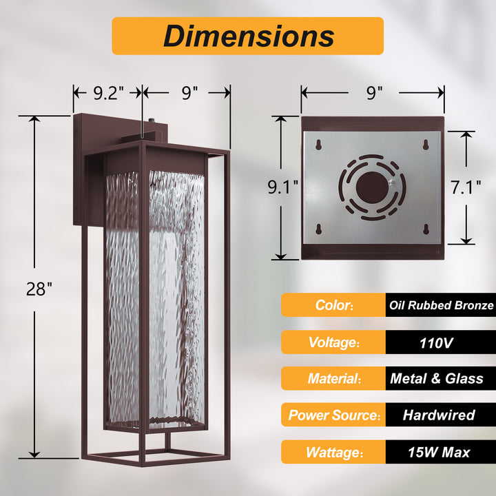 Natura 1 - Light 15''H Dimmable Led Black Iron And Water Ripple Glass Outdoor Wall Light With Dusk To Dawn #7061