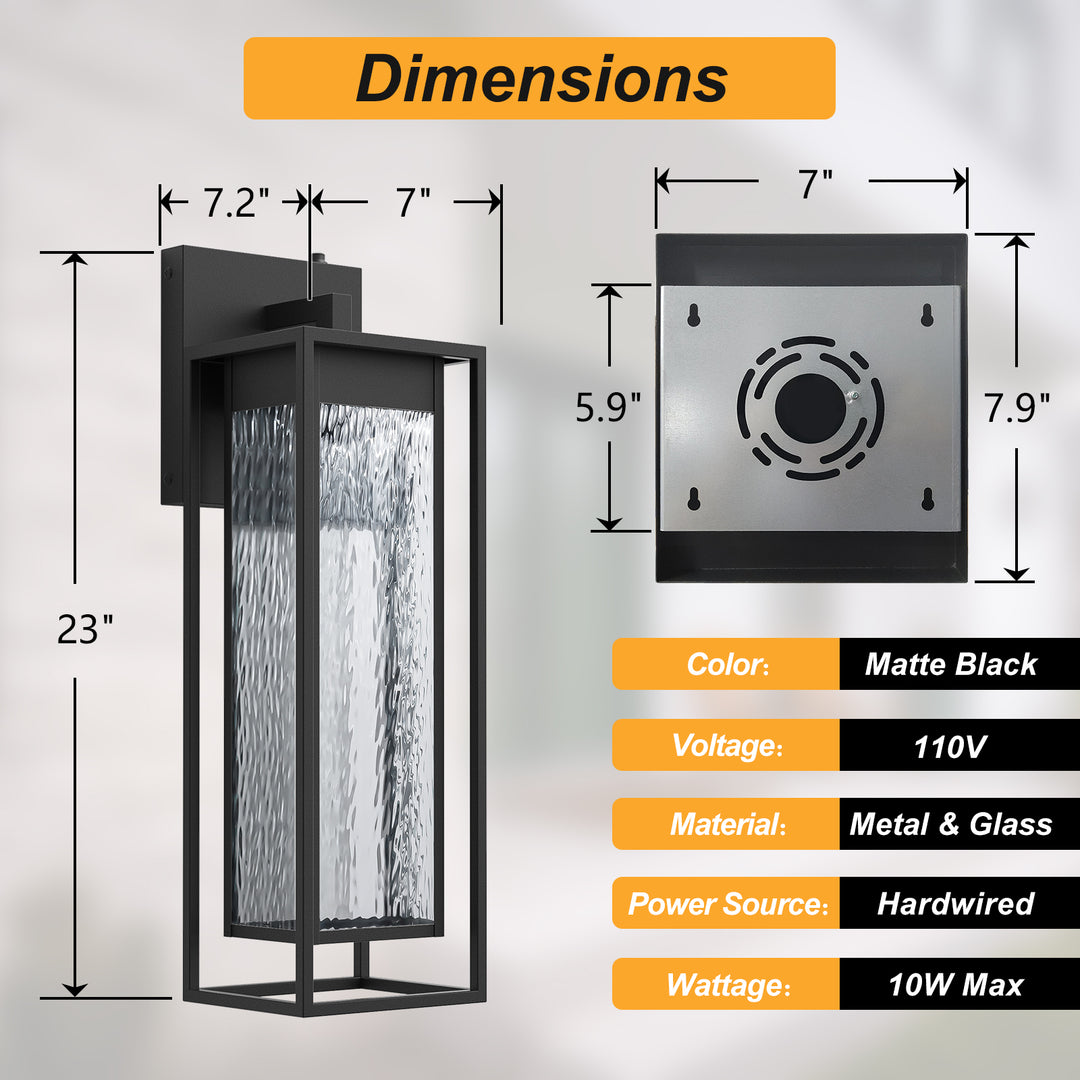 1 - Light 15''H Dimmable Led Black Iron And Water Ripple Glass Outdoor Wall Light With Dusk To Dawn #7061