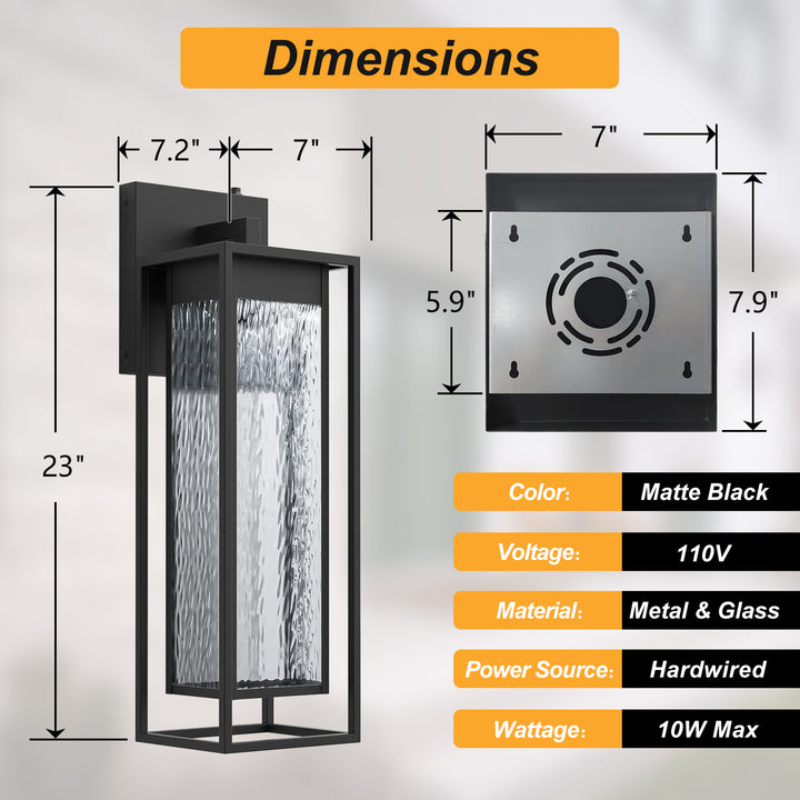 1 - Light 15''H Dimmable Led Black Iron And Water Ripple Glass Outdoor Wall Light With Dusk To Dawn #7061