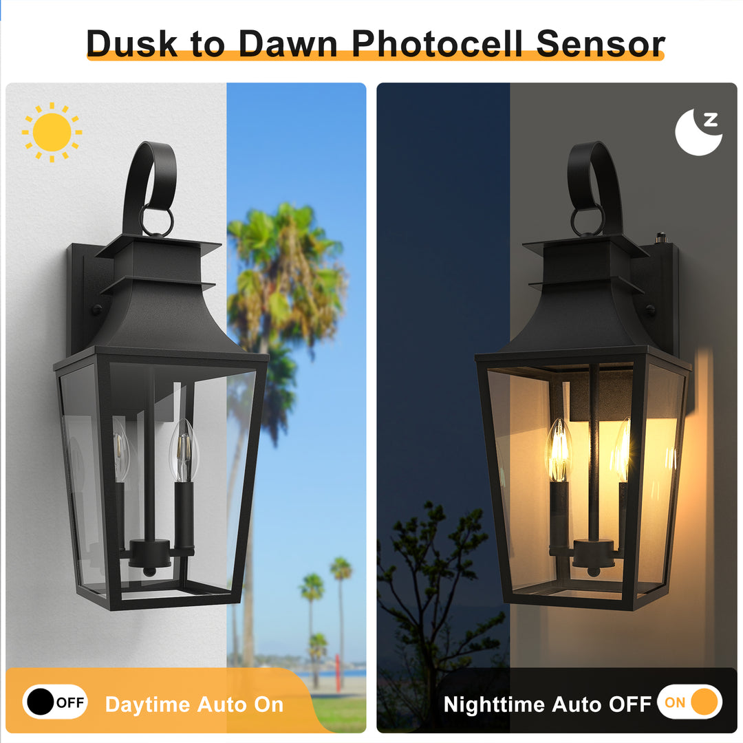 Tempered Glass Outdoor Wall Light With Dusk To Dawn #7060-2BK