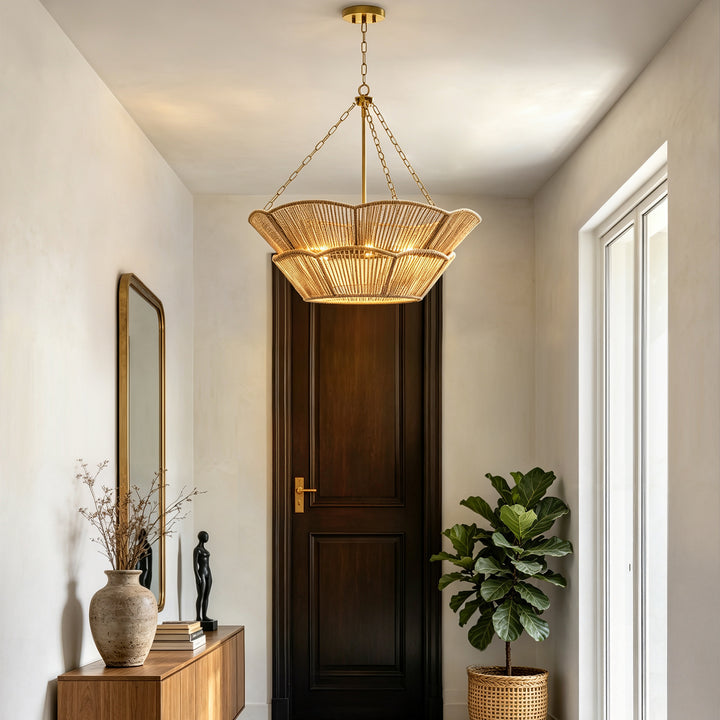 Shine 32" Polished Brass Tiered Drum Chandelier with Hand Woven Rope Shade for Dining Room & Bedroom #48010