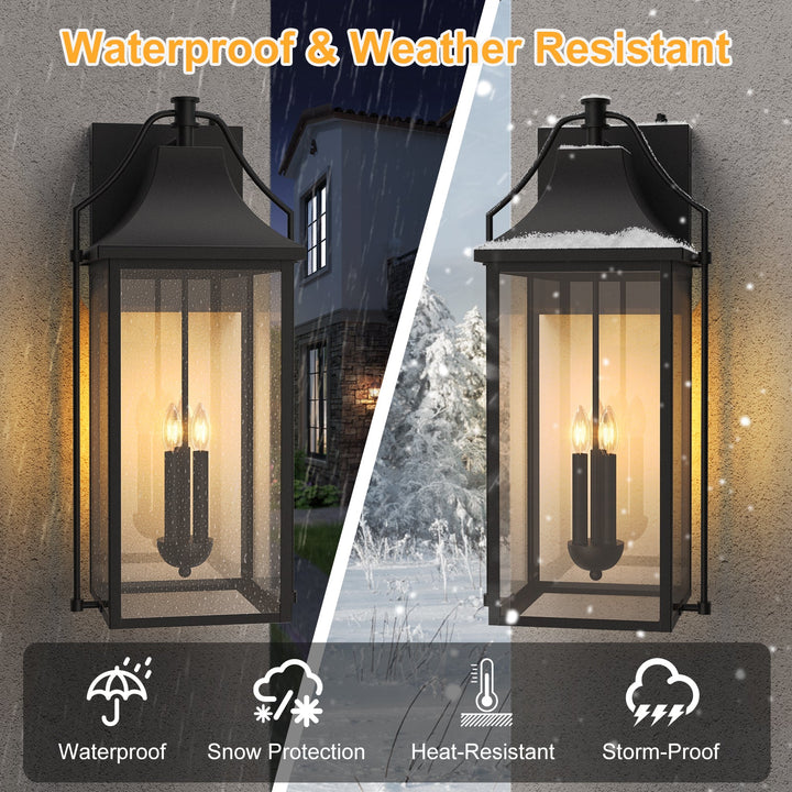 Lawyettle 25" Large Outdoor Wall Lantern, Dusk to Dawn Black 3-Light Sconce with Glass for Front Door, Garage, Porch #7040
