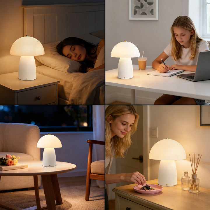 Pulsar 11" Modern Rechargeable Touch Control Desk Lamp, Portable Wireless Ceramic Led Lamp With Milky White Glass Shade, Three-Level Dimming, Suitable For Bedrooms, Living Rooms, Terraces And Outdoors #T281