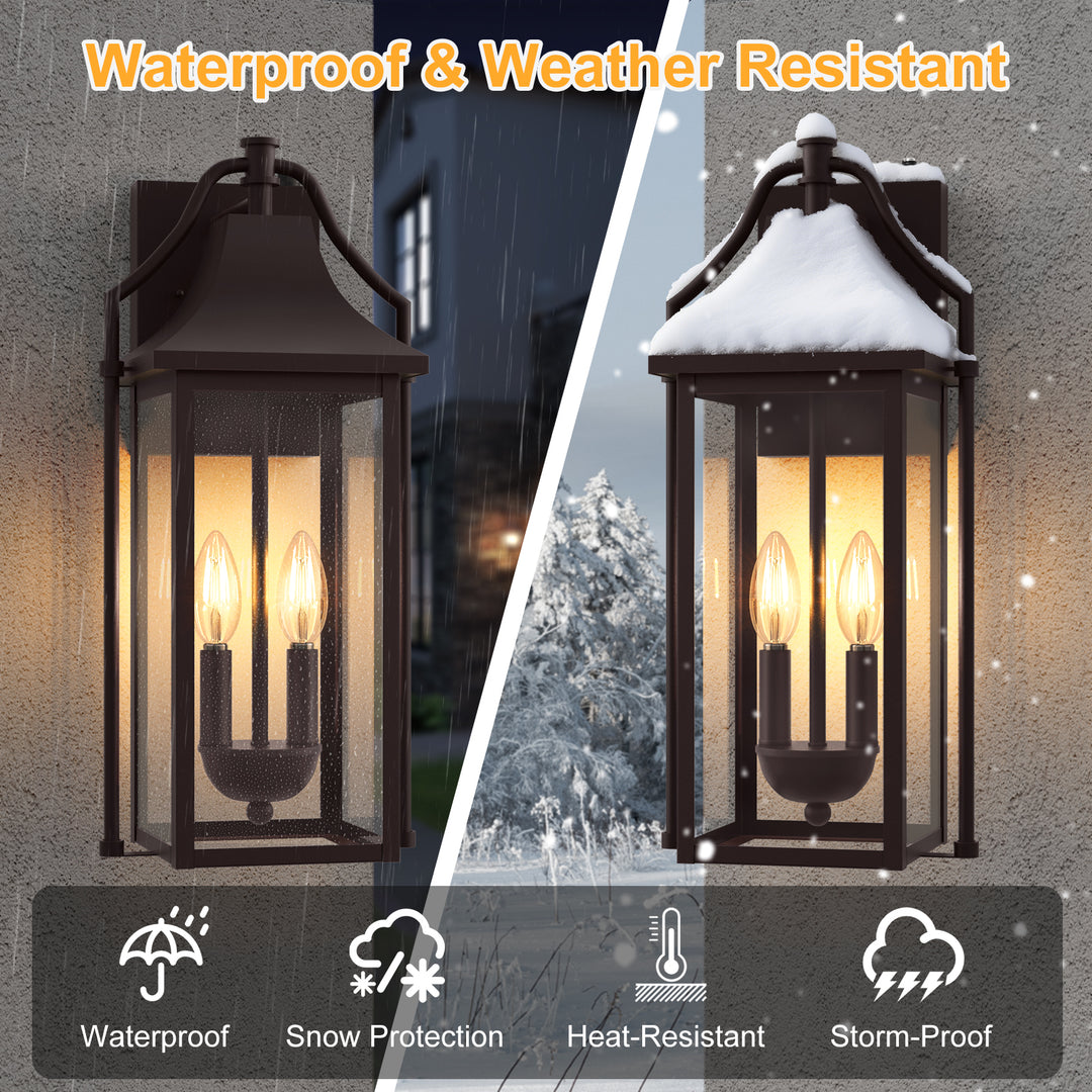 Lawyettle 18" Outdoor Wall Lantern with Dusk to Dawn Sensor, 2-Light Waterproof Brown Wall Sconce with Glass for Porch, Garage, Front Door, Patio #7040