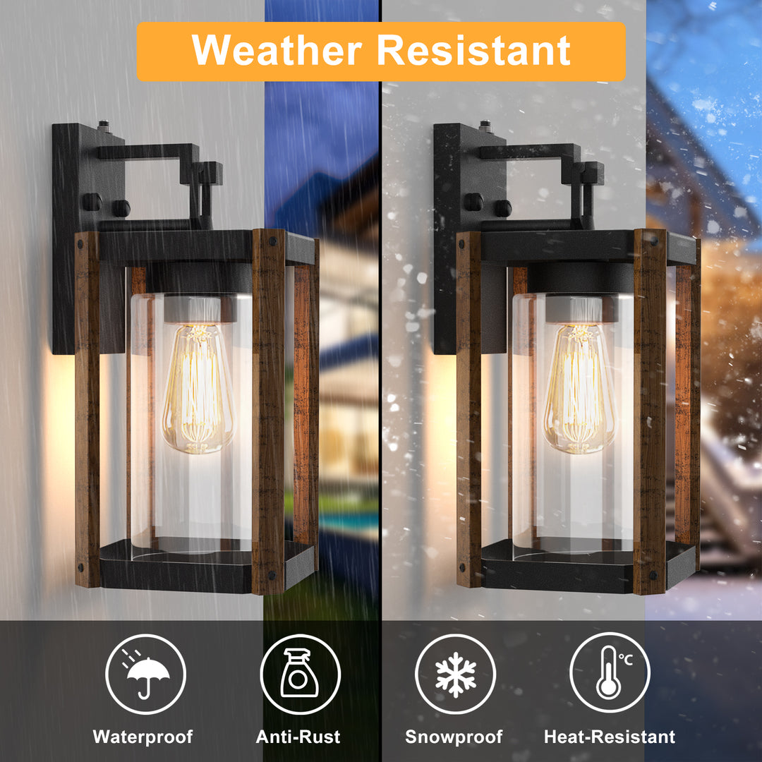 1-light 13''H Black And Wood Grain Iron Etl Outdoor Wall Lantern with Dusk to Dawn #7051