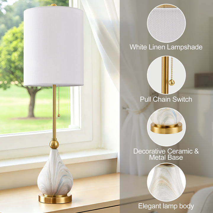 33" Modern Glam Ceramic Table Lamp With Pre-assembled Shade And Pull Chain For Bedroom Living Room #T293