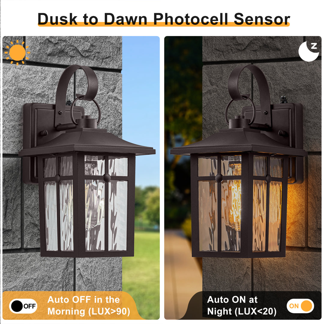 Maxax 2 Pack Dusk to Dawn Outdoor Wall Lights, Exterior Light Fixtures Wall Mount with Ripple Glass, Waterproof Black Porch Lights, Outside Wall Lantern for Entryway, Garage, Patio #MX7003
