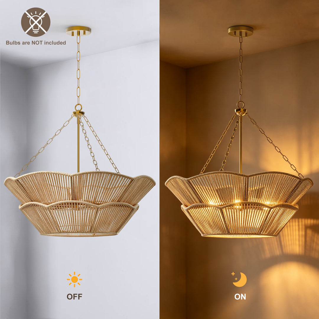 Shine 32" Polished Brass Tiered Drum Chandelier with Hand Woven Rope Shade for Dining Room & Bedroom #48010