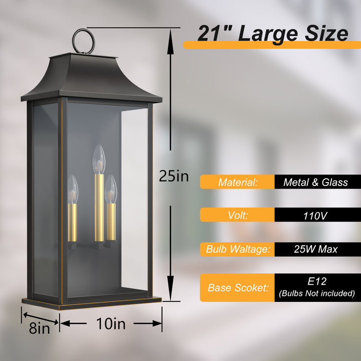 Lawyettle Dusk to Dawn Outdoor Wall Light 3-Light, 25" Large Outdoor Light Fixture, Black Exterior Wall Lantern, Waterproof Outside Wall Sconce for House Porch Patio #7008