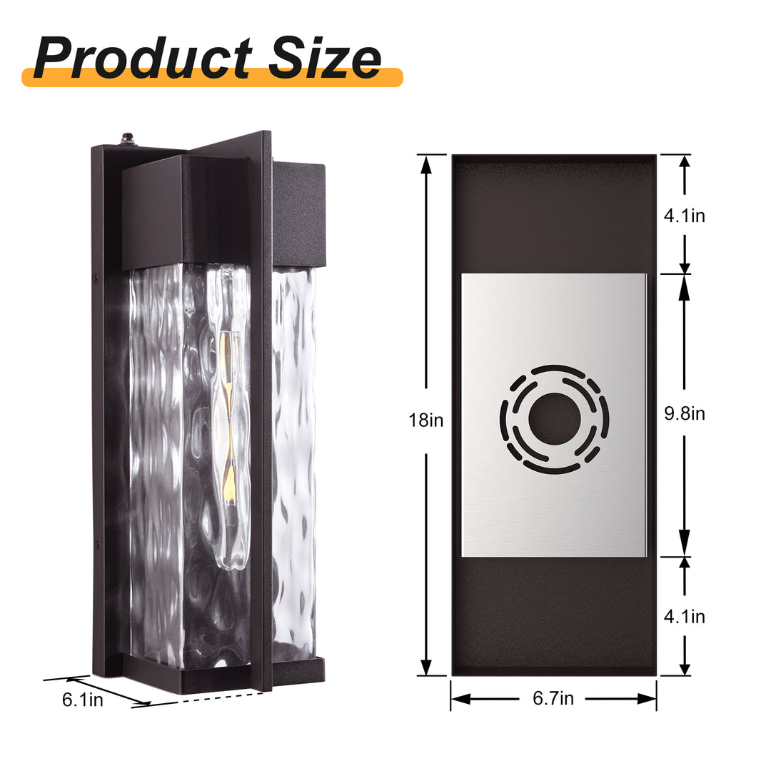 Natura 1 - Light(Bulb Include) 𝟭𝟴-𝗜𝗡𝗖𝗛 Matte Black Iron and Water Ripple Glass Outdoor Wall Light with Dusk to Dawn #7062