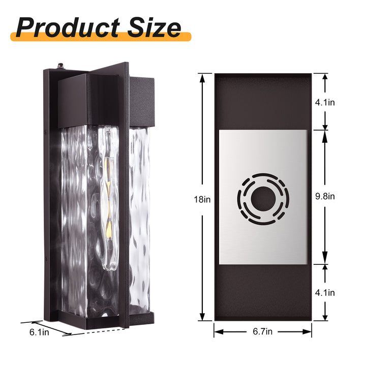 Natura 1 - Light(Bulb Include) 𝟭𝟴-𝗜𝗡𝗖𝗛 Matte Black Iron and Water Ripple Glass Outdoor Wall Light with Dusk to Dawn #7062