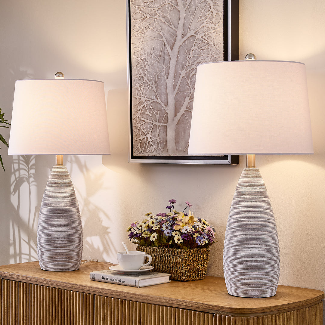 Shimmer 26.5" Farmhouse Traditional Resin Table Lamp, Assembled Linen Shade And Rotary Switch Bedside Lamps For Bedroom And Living Room (Set of 2) #T276