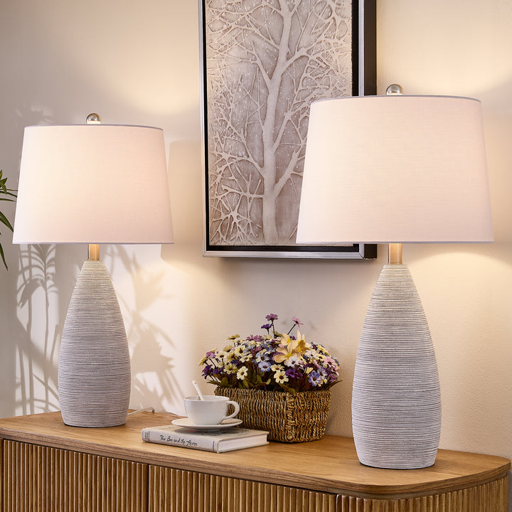 Shimmer 26.5" Farmhouse Traditional Resin Table Lamp, Assembled Linen Shade And Rotary Switch Bedside Lamps For Bedroom And Living Room (Set of 2) #T276