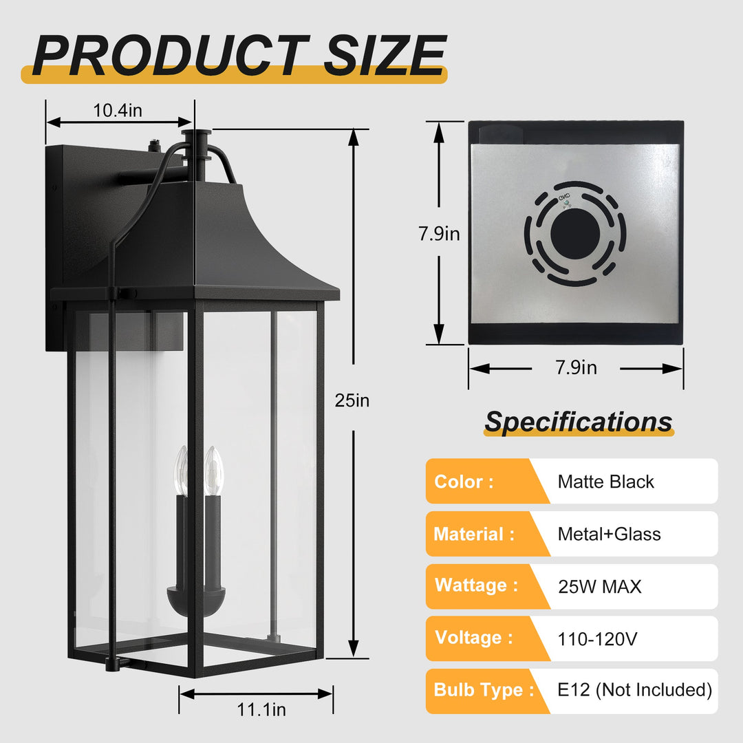 Lawyettle 25" Large Outdoor Wall Lantern, Dusk to Dawn Black 3-Light Sconce with Glass for Front Door, Garage, Porch #7040