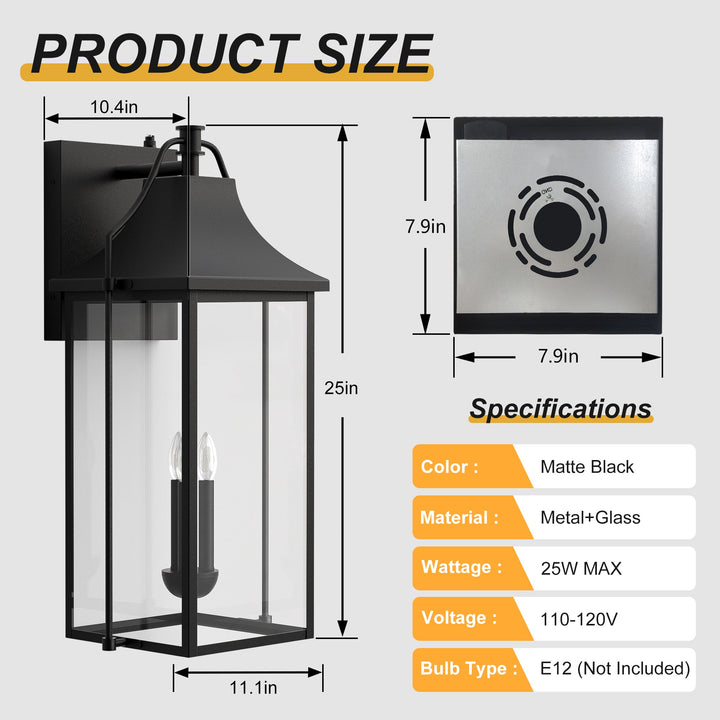 Lawyettle 25" Large Outdoor Wall Lantern, Dusk to Dawn Black 3-Light Sconce with Glass for Front Door, Garage, Porch #7040