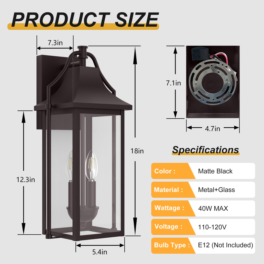 Lawyettle 18" Outdoor Wall Lantern with Dusk to Dawn Sensor, 2-Light Waterproof Brown Wall Sconce with Glass for Porch, Garage, Front Door, Patio #7040