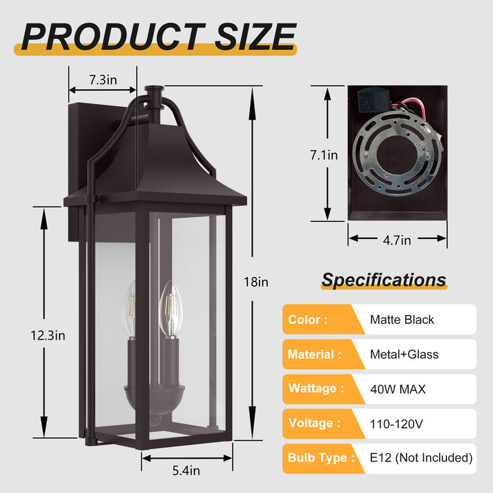 Lawyettle 18" Outdoor Wall Lantern with Dusk to Dawn Sensor, 2-Light Waterproof Brown Wall Sconce with Glass for Porch, Garage, Front Door, Patio #7040