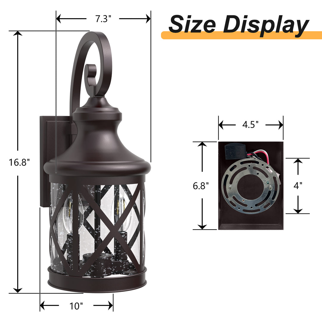 2 - Light 17''H Black Iron and Aluminum Seeded Glass Etl Outdoor Wall Lantern with Dusk to Dawn #7017