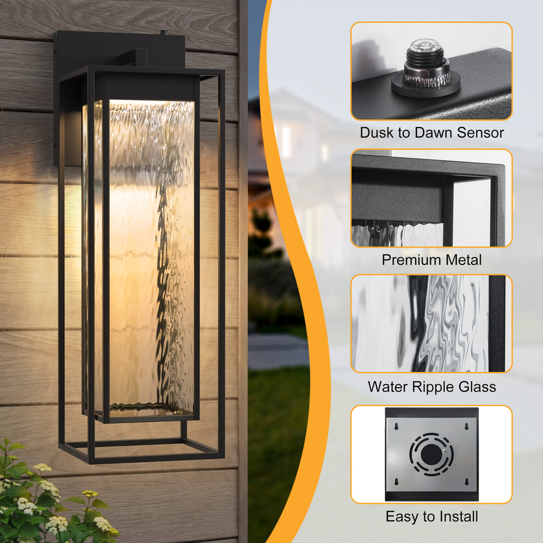 1 - Light 15''H Dimmable Led Black Iron And Water Ripple Glass Outdoor Wall Light With Dusk To Dawn #7061