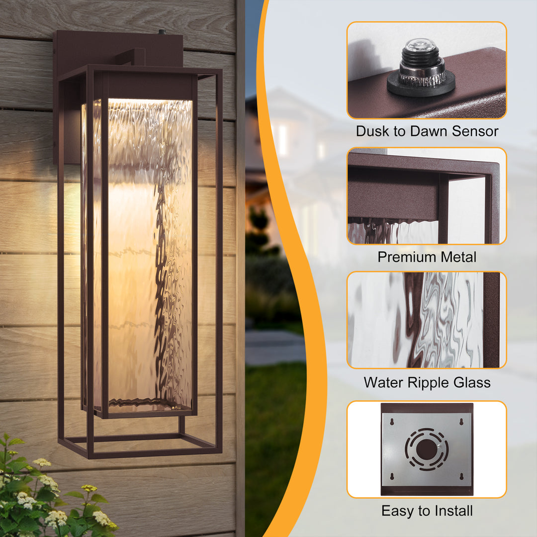 Natura 1 - Light 15''H Dimmable Led Black Iron And Water Ripple Glass Outdoor Wall Light With Dusk To Dawn #7061