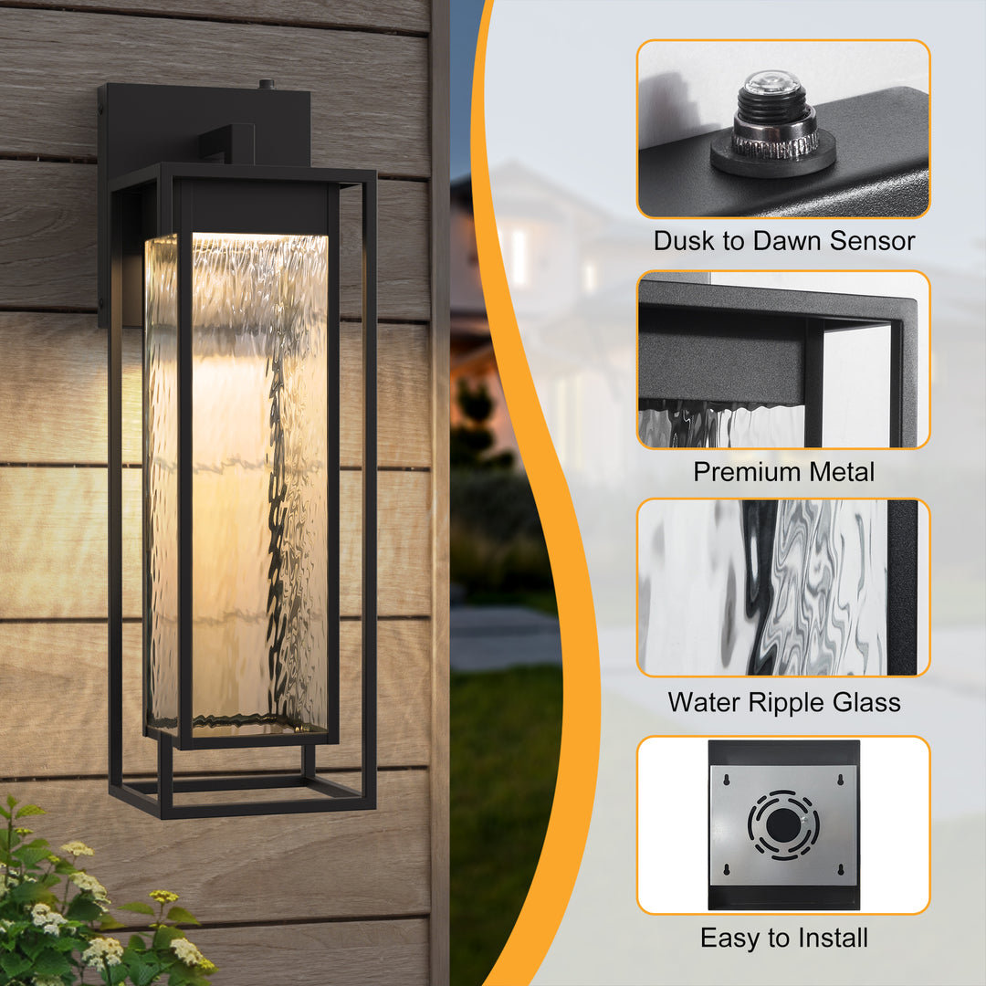 1 - Light 15''H Dimmable Led Black Iron And Water Ripple Glass Outdoor Wall Light With Dusk To Dawn #7061