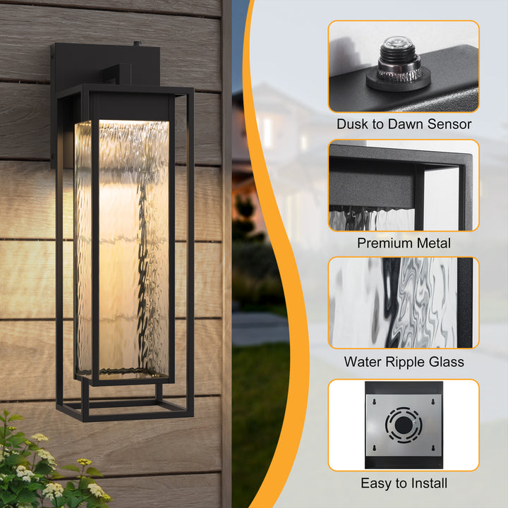 1 - Light 15''H Dimmable Led Black Iron And Water Ripple Glass Outdoor Wall Light With Dusk To Dawn #7061