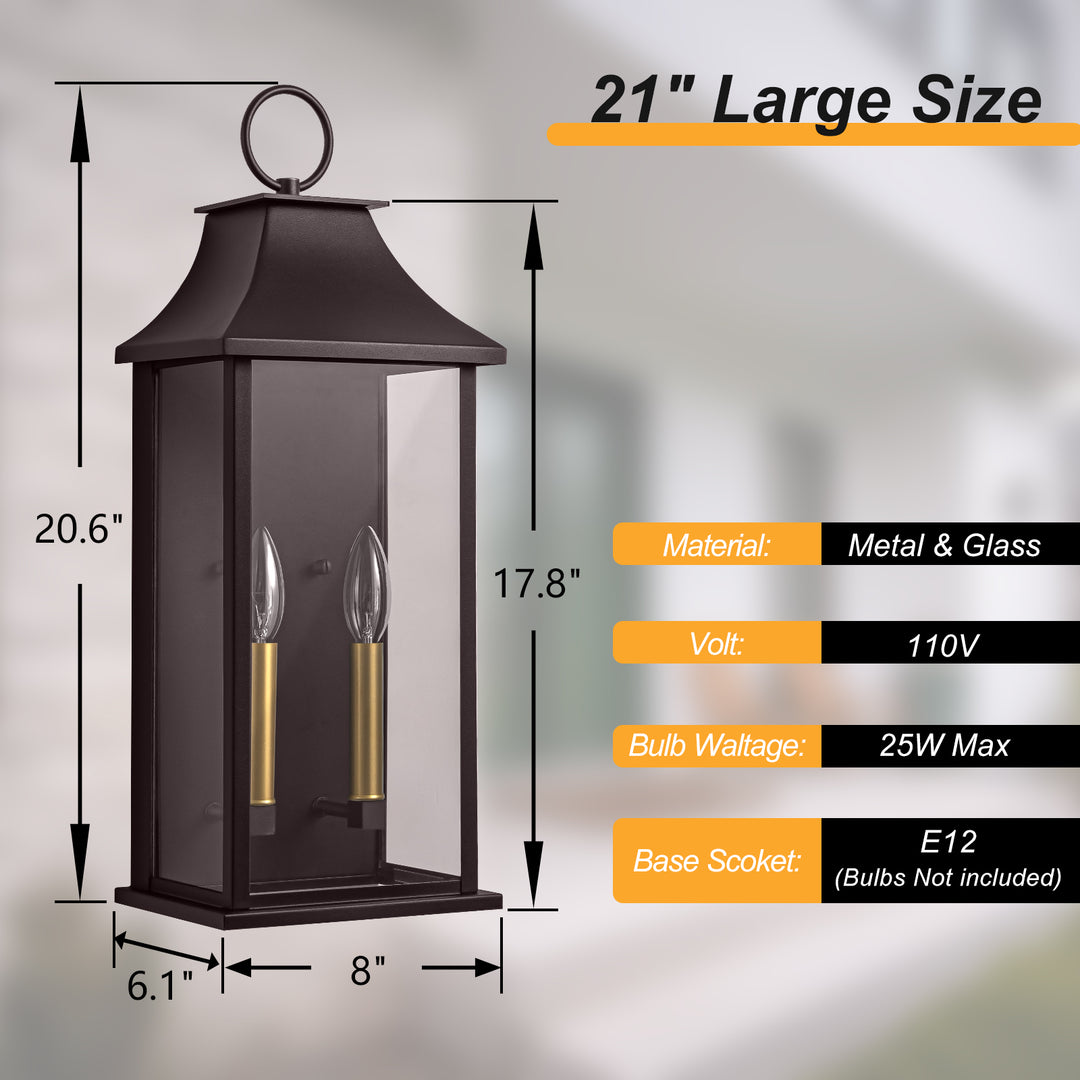 Montpelier Dusk to Dawn Outdoor Wall Lantern 2-Light, 21" Large Outside Wall Sconce, Modern Black Wall Light Fixture with Glass, Waterproof Exterior Lamp for House, Porch, Garage #MX7008